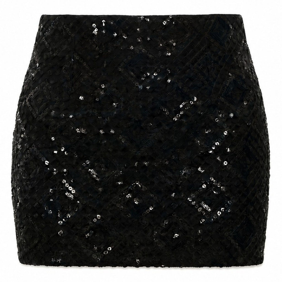The INTERNATIONAL APPEAL Sequin Mini Skirt | PR Sample is a limited edition black mini skirt with an intricate geometric sequin design and fitted silhouette, perfect for evening wear and showcased against a plain white background.