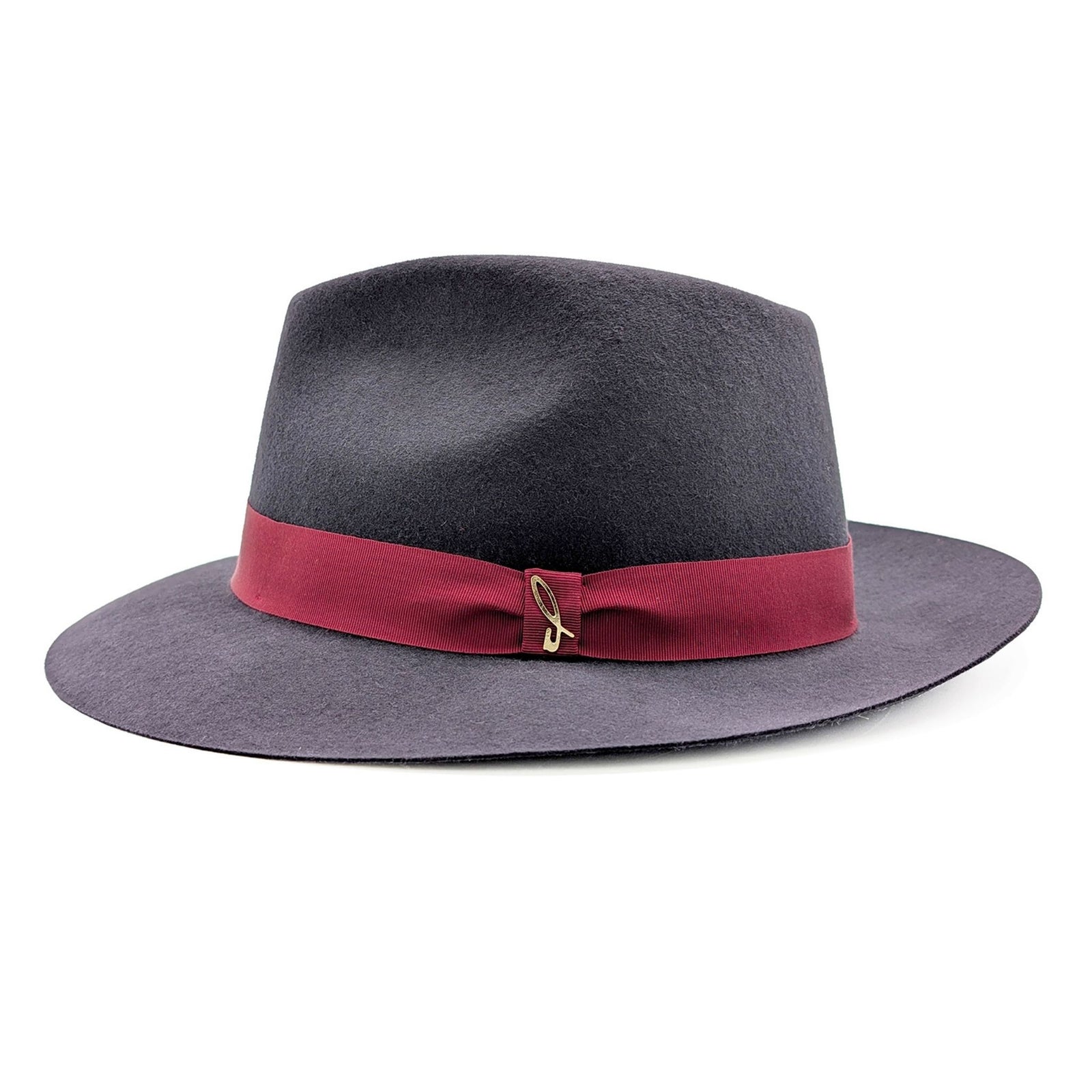Gray fedora hat with a red band on a white background