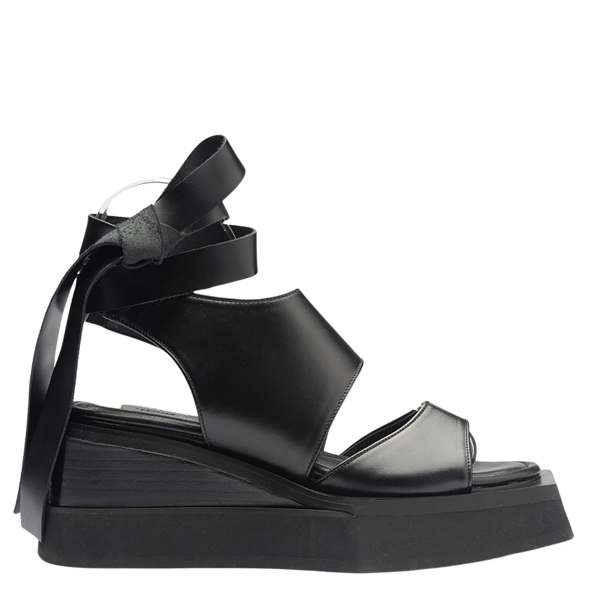 Black Leather Ribbon Strap Platform Sandals