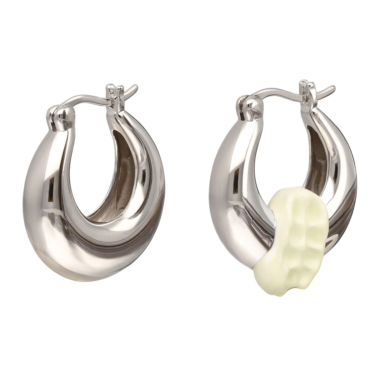 Silver hoop earrings with a central yellow gemstone on a white background