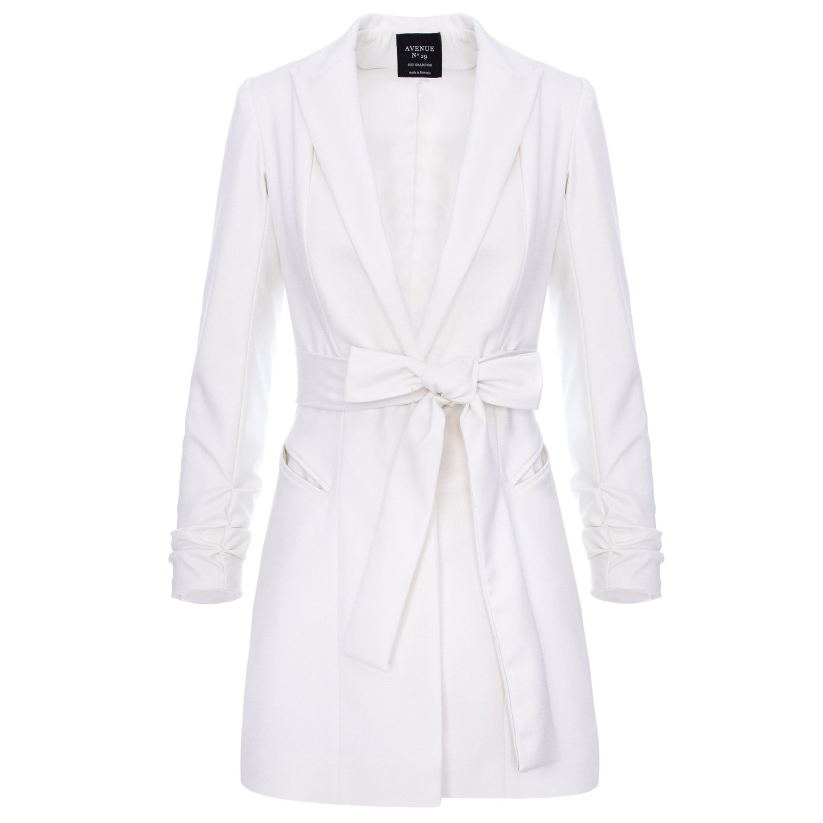 White Single Breasted Blazer With In Seam Belt