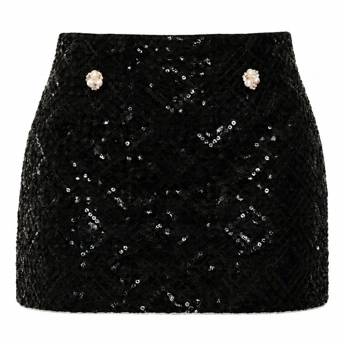 The Sequin Mini Skirt | PR Sample by INTERNATIONAL APPEAL is a limited edition black mini skirt with subtle diamond sequins and two decorative pearl buttons at the waist—ideal for chic evening wear.