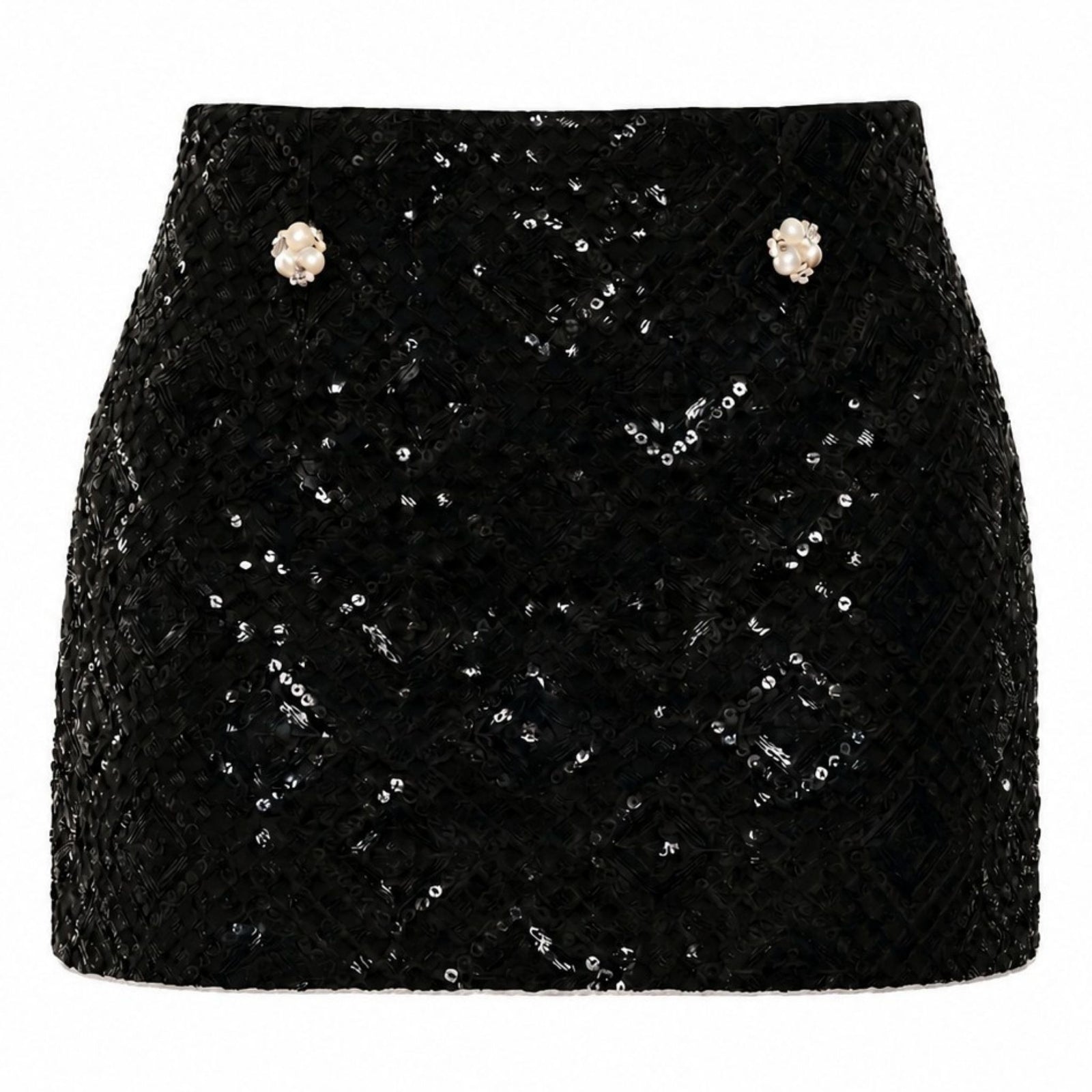 The Sequin Mini Skirt | PR Sample by INTERNATIONAL APPEAL is a limited edition black mini skirt with subtle diamond sequins and two decorative pearl buttons at the waist—ideal for chic evening wear.