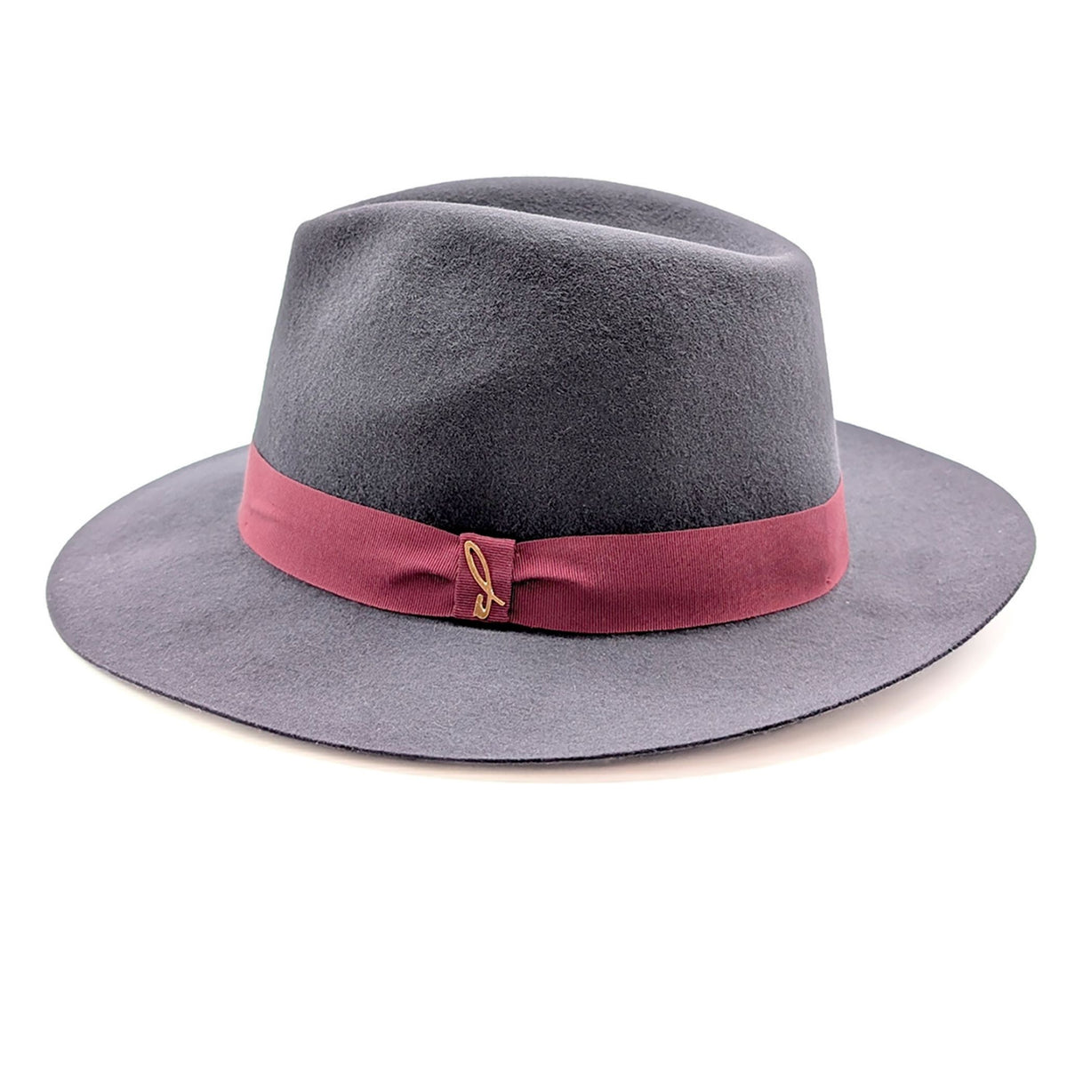 Gray fedora hat with a burgundy band on a white background