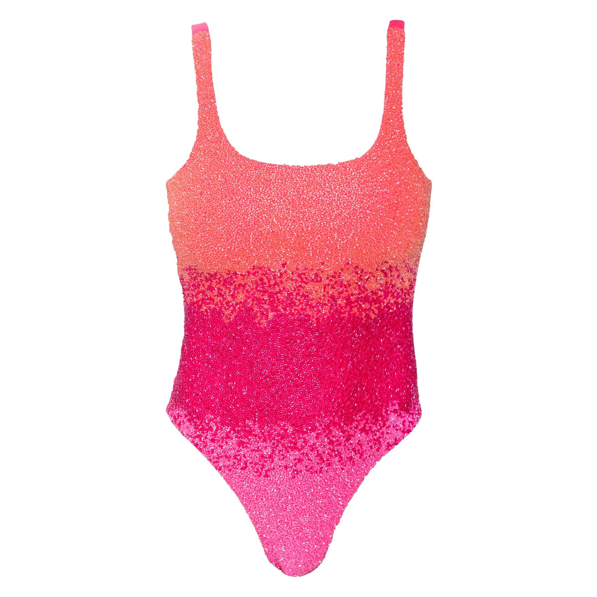 The SELF-ADORE Ombre Hand-Beaded Embellished One-Piece Swimsuit features a square neckline, spaghetti straps, and shimmery textured fabric that fades from light coral to bright pink for a stunning resortwear look.