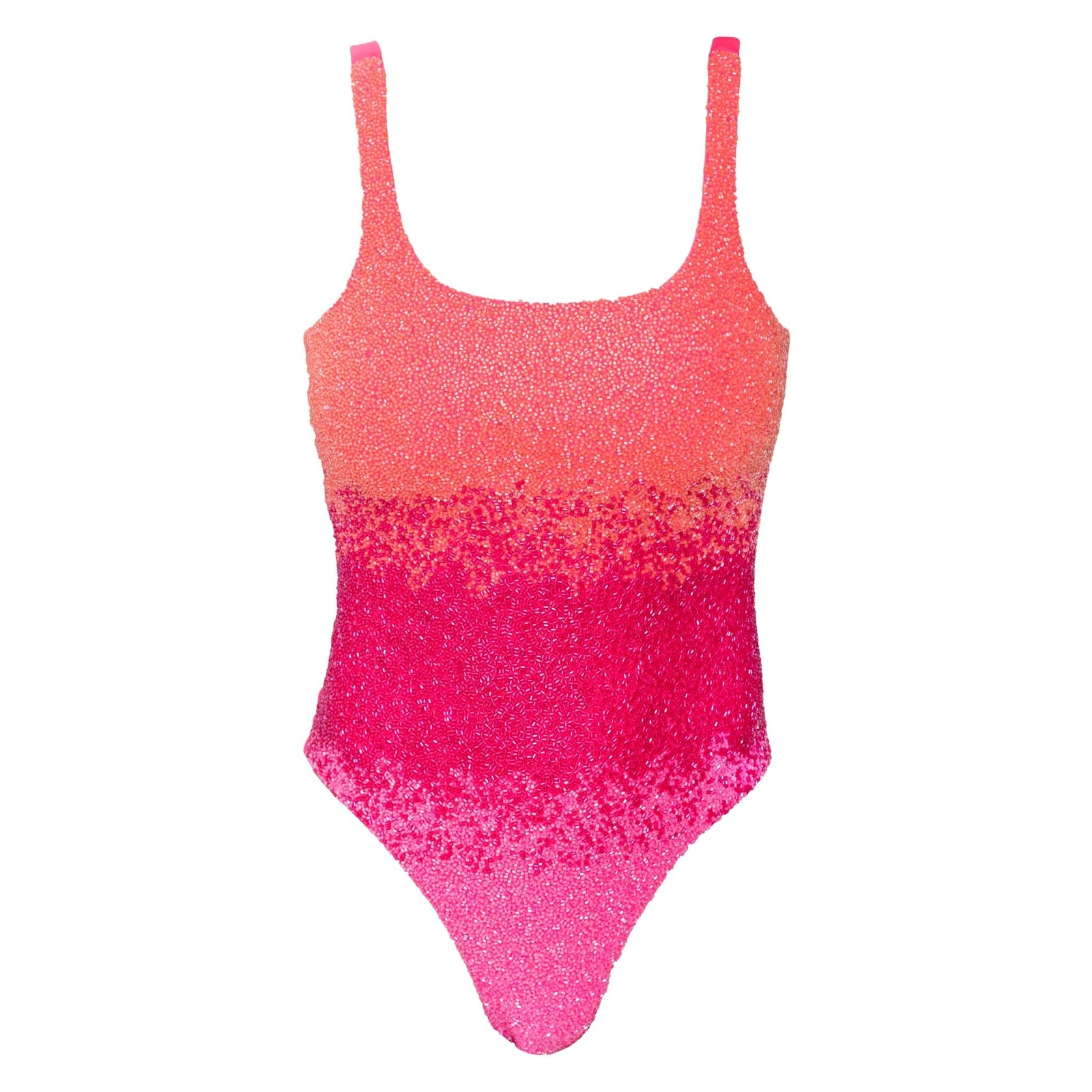 The SELF-ADORE Ombre Hand-Beaded Embellished One-Piece Swimsuit features a square neckline, spaghetti straps, and shimmery textured fabric that fades from light coral to bright pink for a stunning resortwear look.