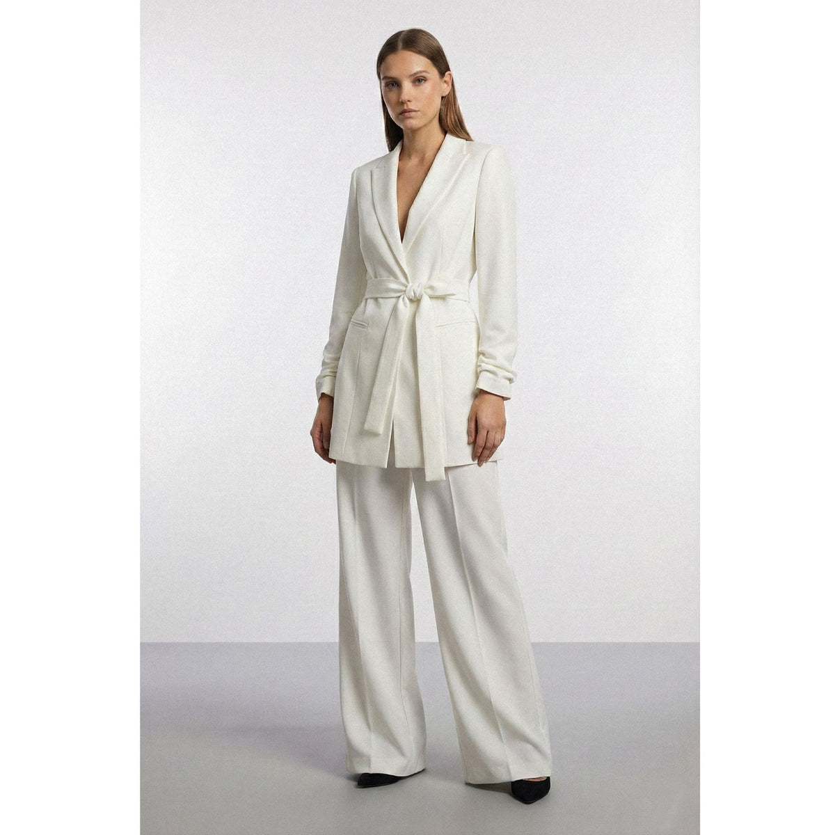 White Single Breasted Blazer With In Seam Belt