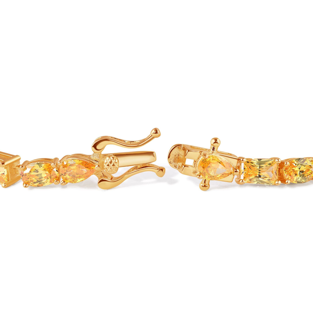Gold bracelet with yellow gemstones on a white background