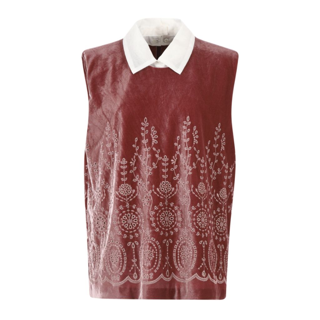 Velvet Embroidered Sleeveless Blouse | Pink YMAL