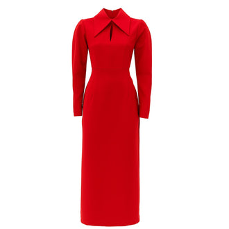 The JULIA ALLERT Solid Formal Midi Dress in red features long sleeves, a fitted waist, a wide pointed collar, and a chest cutout for a tailored, elegant look—perfect for formal occasions.
