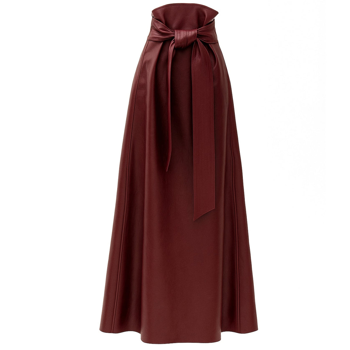 The JULIA ALLERT Faux Leather High-Waisted A-Line Skirt With Belt in burgundy features a flattering high waist and flared silhouette, complete with a polished belt for an effortlessly chic, modern look.