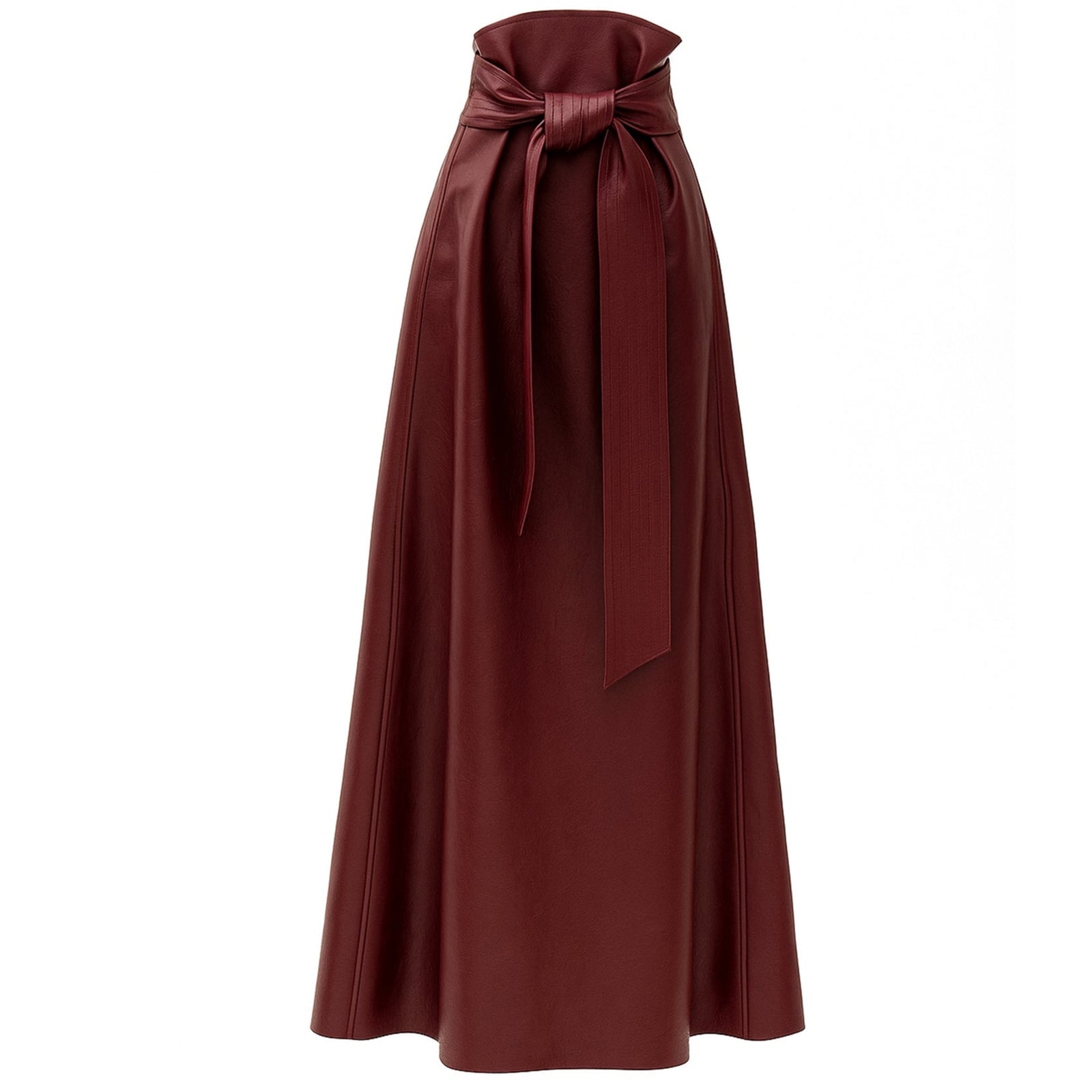 The JULIA ALLERT Faux Leather High-Waisted A-Line Skirt With Belt in burgundy features a flattering high waist and flared silhouette, complete with a polished belt for an effortlessly chic, modern look.