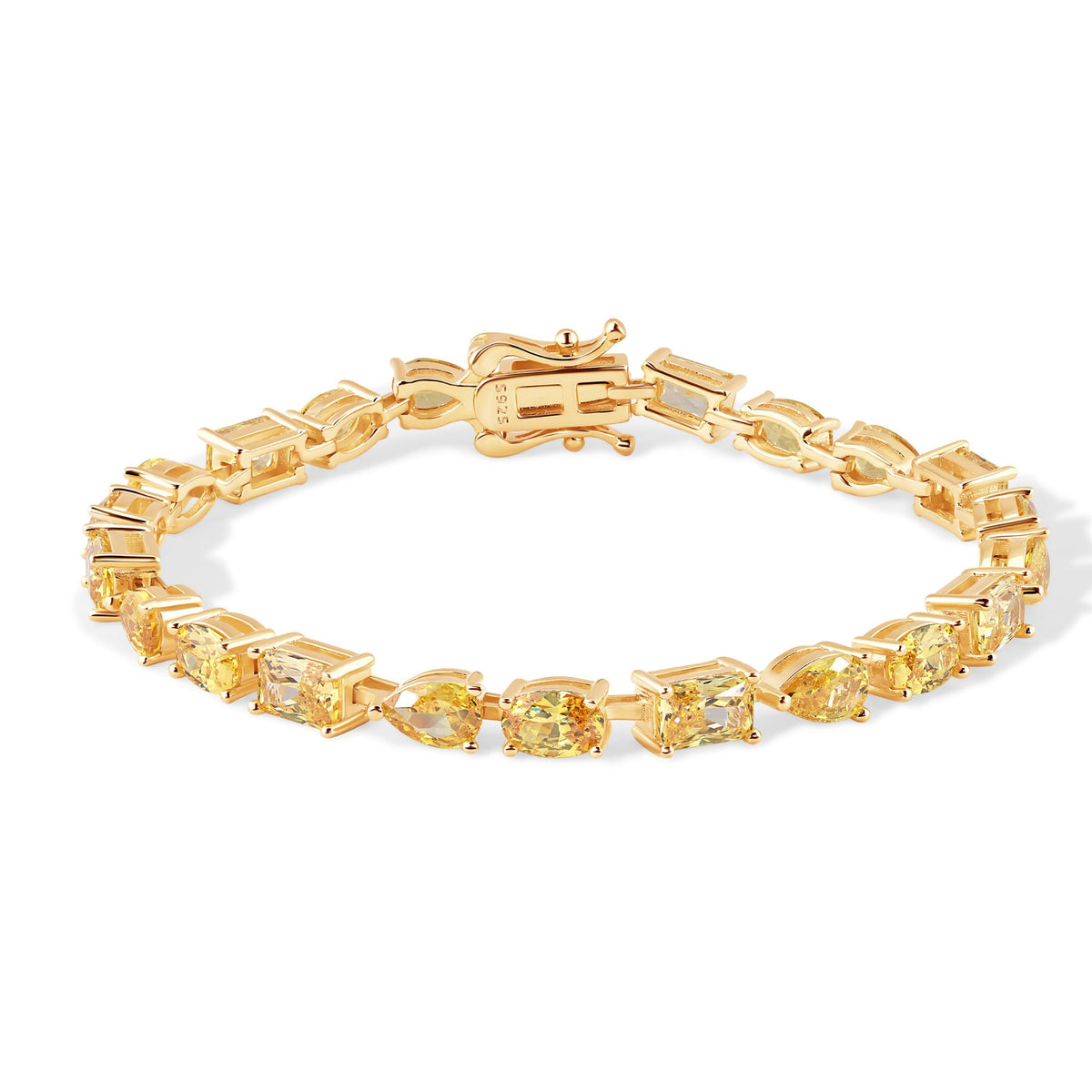 Gold bracelet with yellow gemstones on a white background