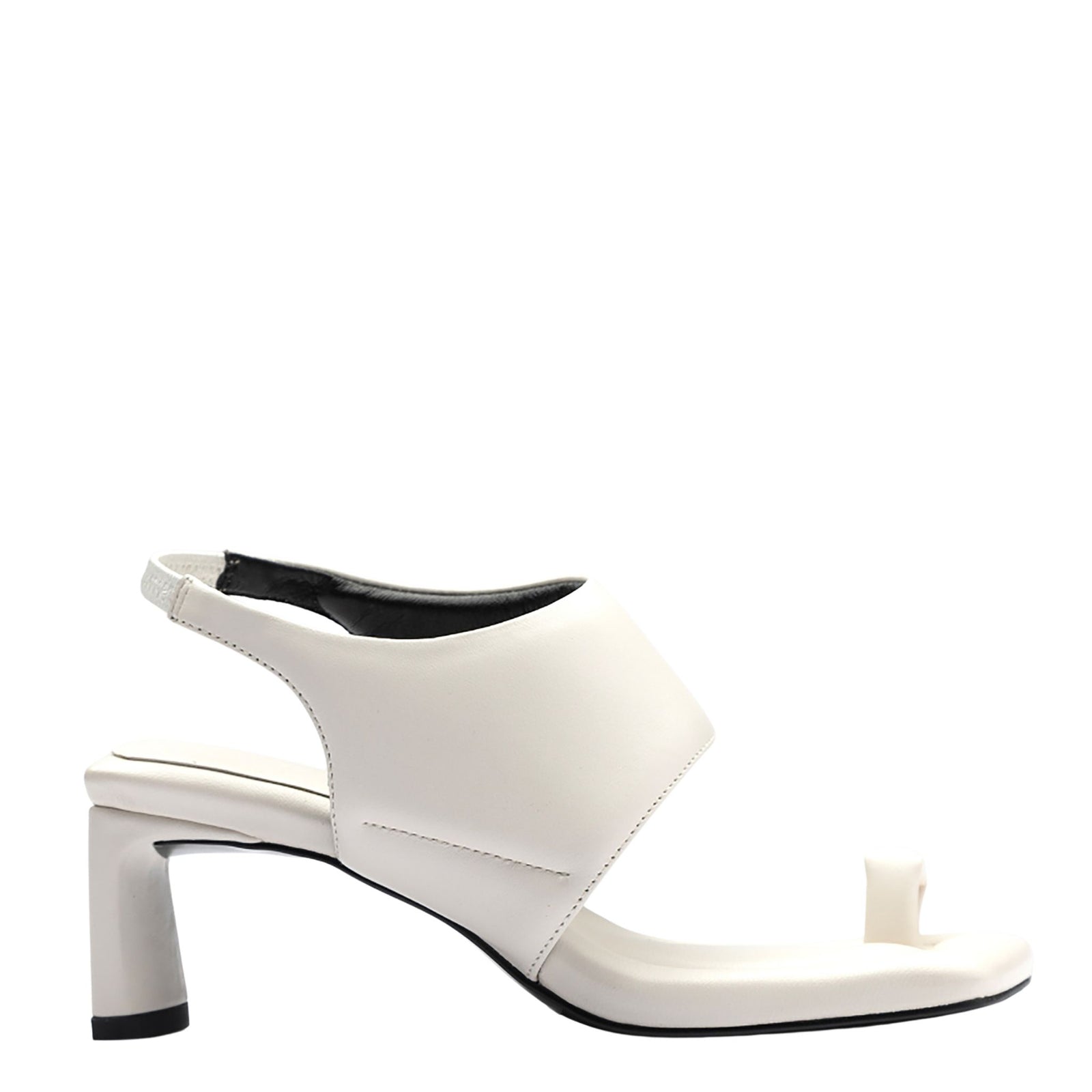 The THEN White Square-Toe Slingback Heeled Sandals feature an open toe, back strap, unique cutout design, and a moderately chunky heel—ideal for a minimalist, modern look.