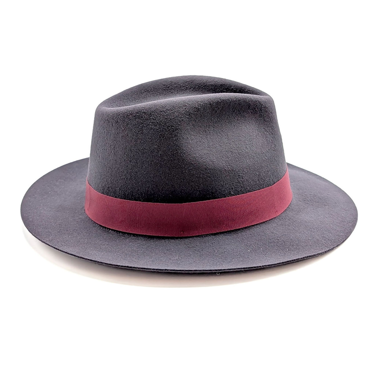 Gray fedora hat with a red band on a white background