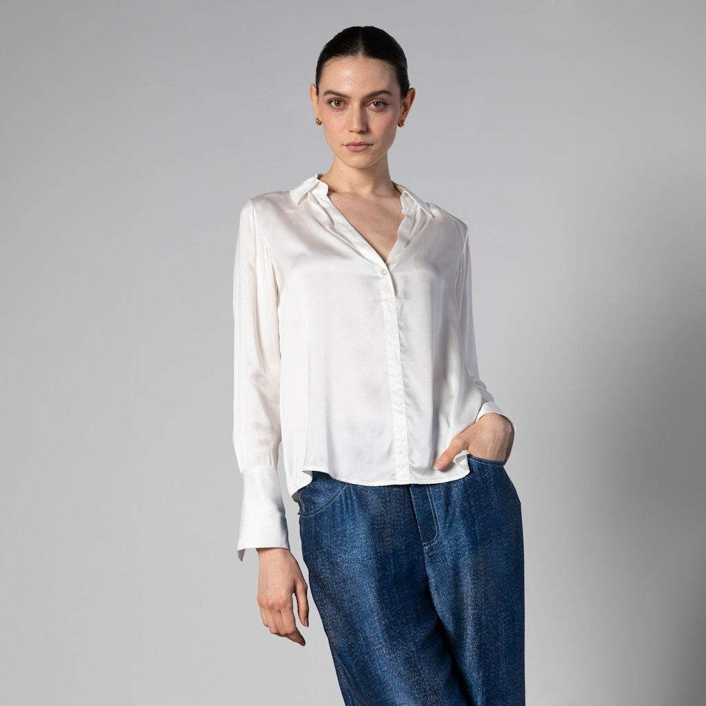 Ivory Silk Pullover Shirt with French Cuffs