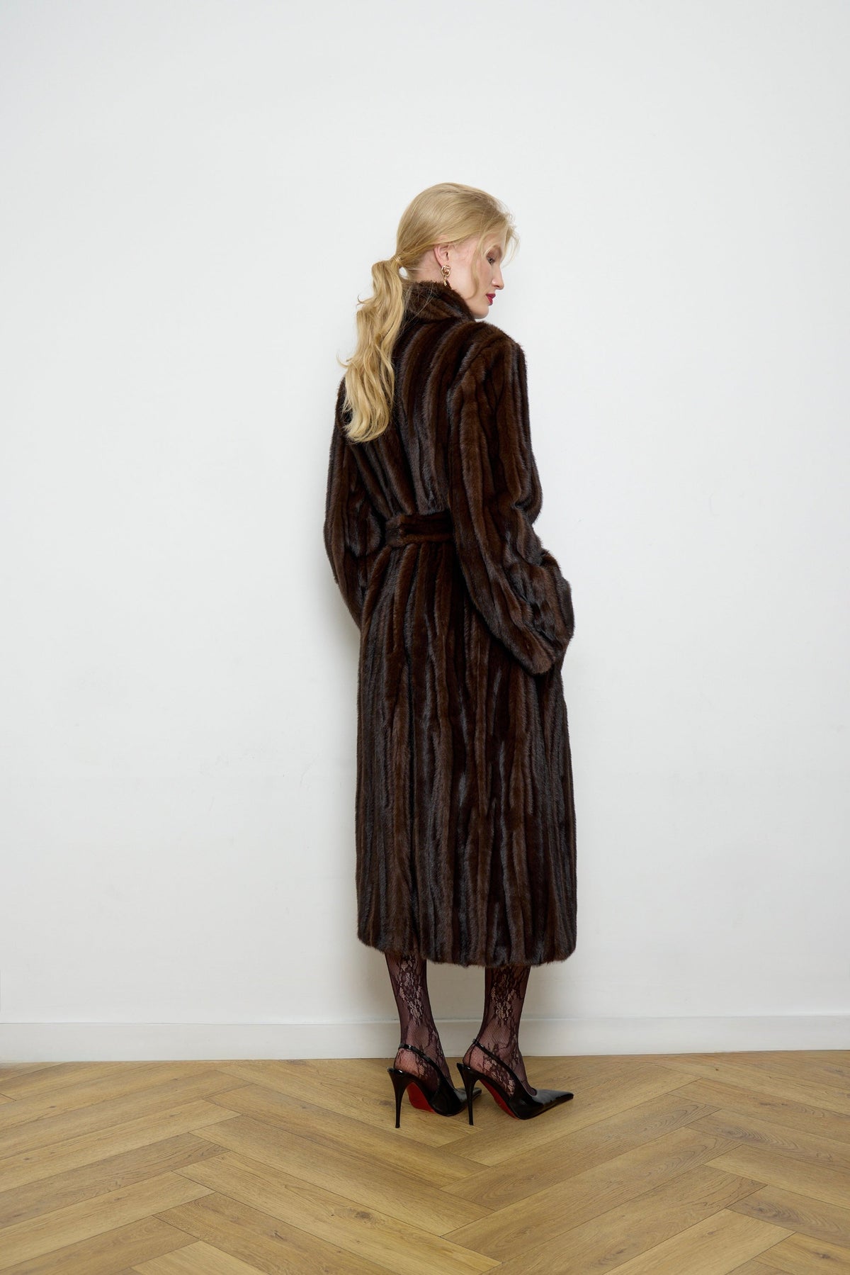 BASSIA brown patchwork faux mink fur coat worn by model, long women's coat, PR sample at DOORS NYC