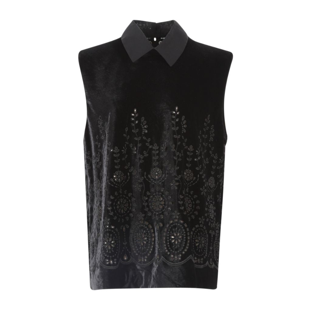 Velvet Embroidered Sleeveless Blouse | Black