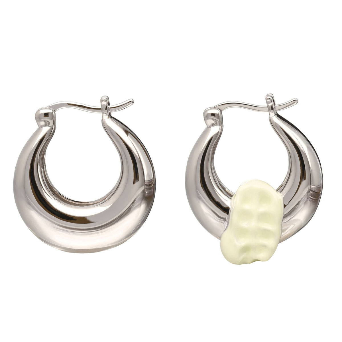 Silver hoop earrings with a central yellow gemstone on a white background
