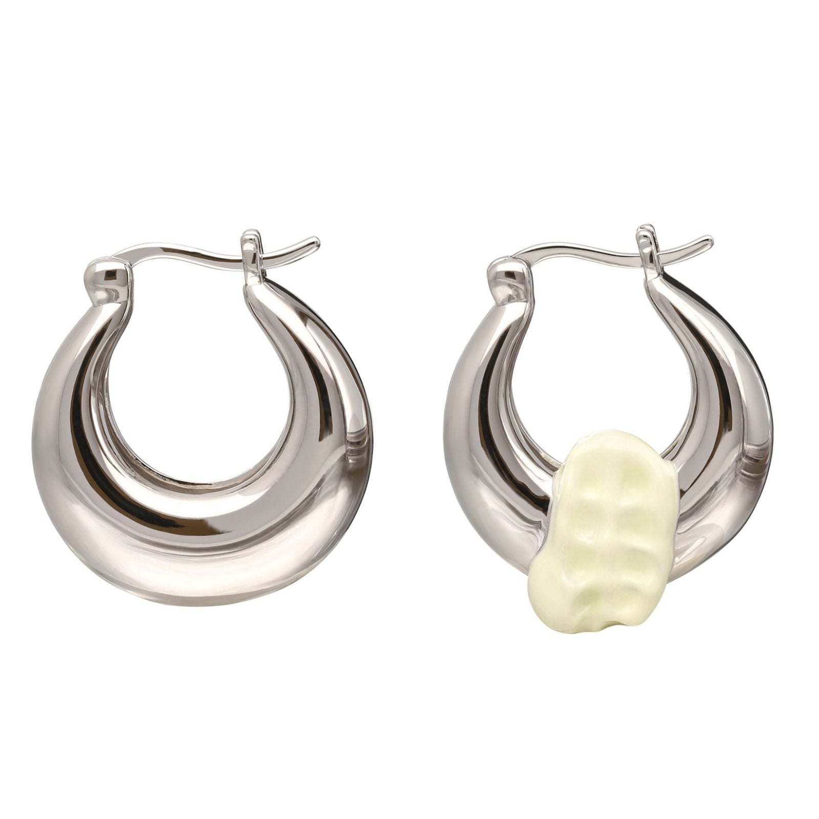 Silver hoop earrings with a central yellow gemstone on a white background