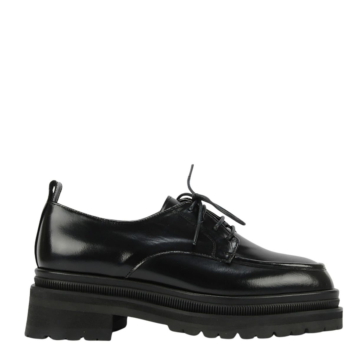 The THEN Black Chunky Leather Derby Shoes with Lug Sole feature shiny black leather, lace-up design, chunky lug sole, and slight heel, handcrafted in Korea and shown in profile on a plain white background.