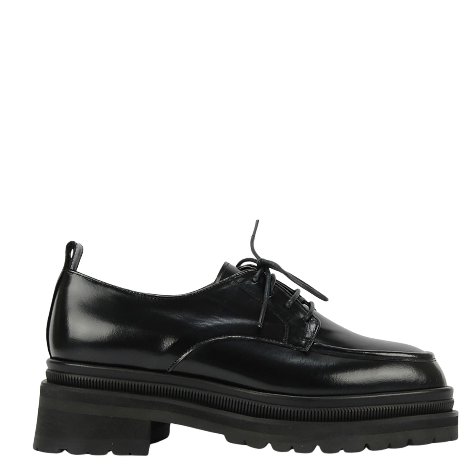 The THEN Black Chunky Leather Derby Shoes with Lug Sole feature shiny black leather, lace-up design, chunky lug sole, and slight heel, handcrafted in Korea and shown in profile on a plain white background.