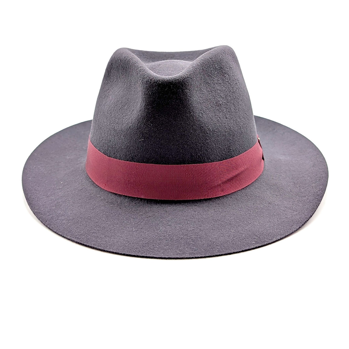 Gray fedora hat with a red band on a white background