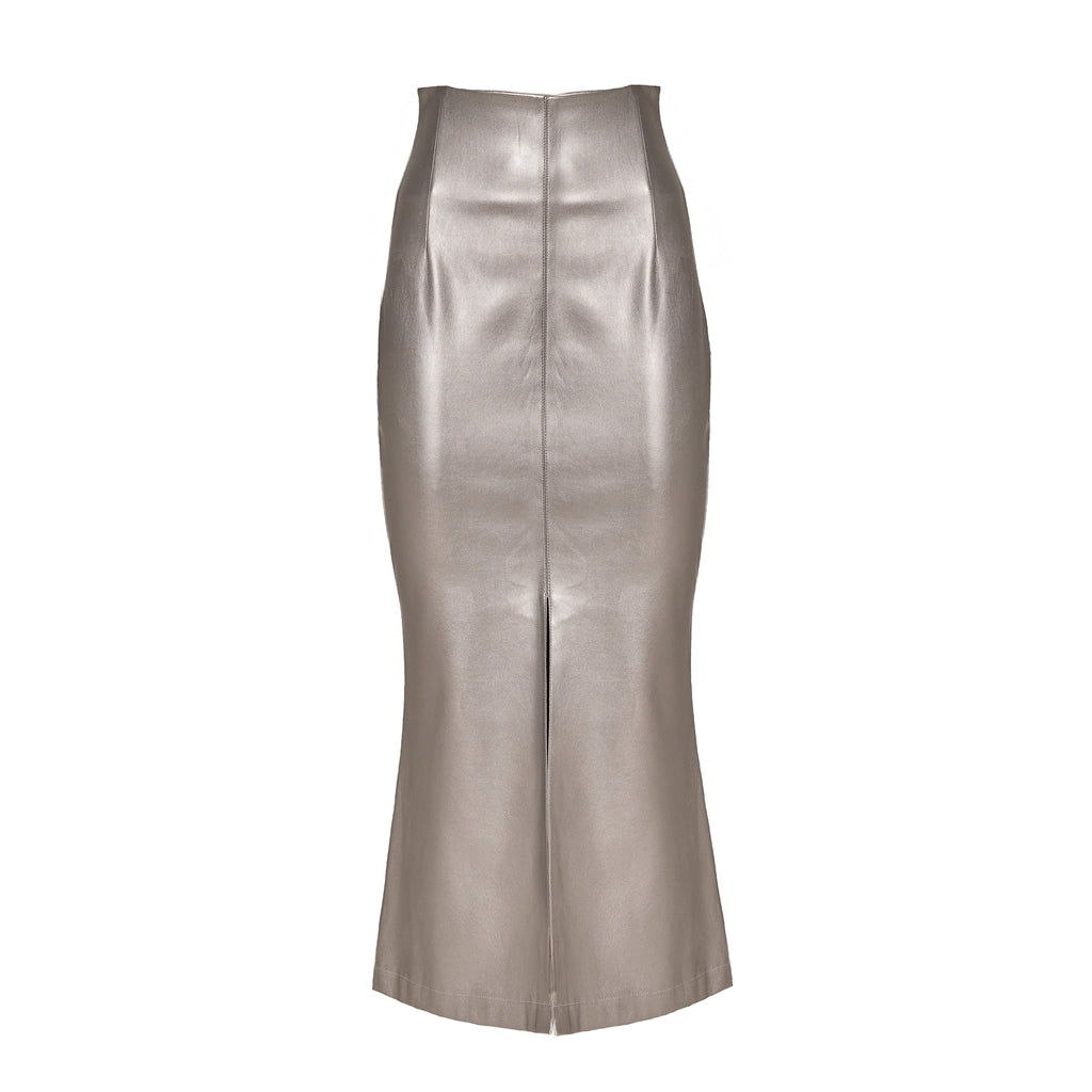 JULIA ALLERT - Mermaid Faux Leather Midi Skirt | Silver, buy at DOORS NYC