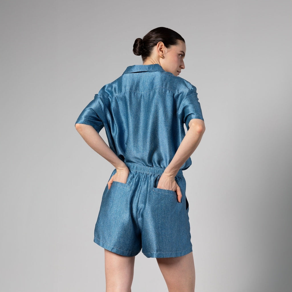 Light Denim Print Silk Shorts with Pockets