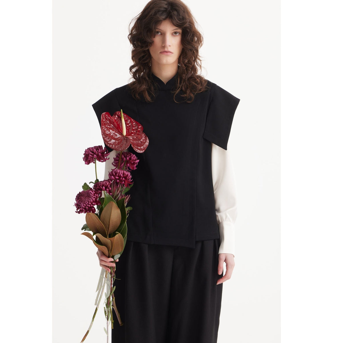 Tailored Blazer-Style Blouse With Satin Sleeves | Black &amp; Ivory