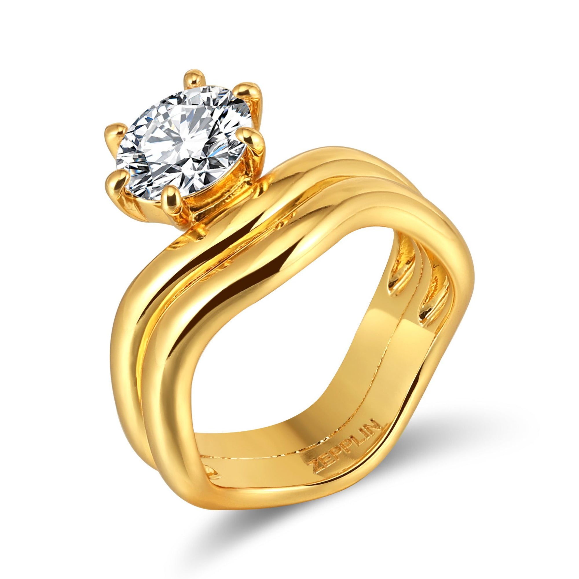 Gold ring with a diamond on a white background