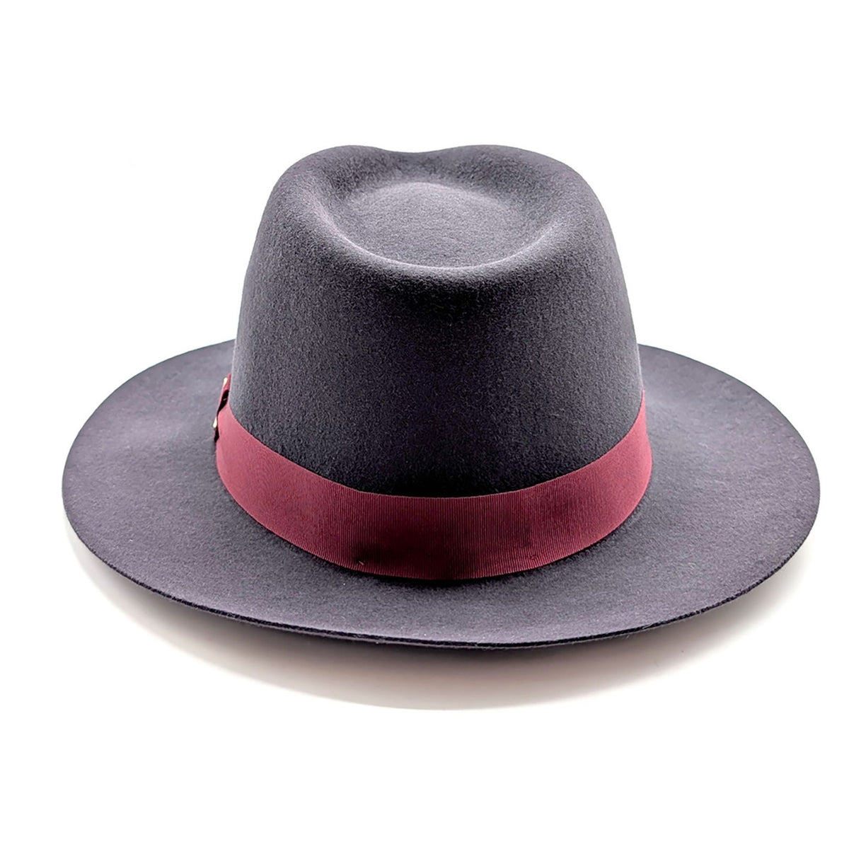 Gray fedora hat with a red band on a white background