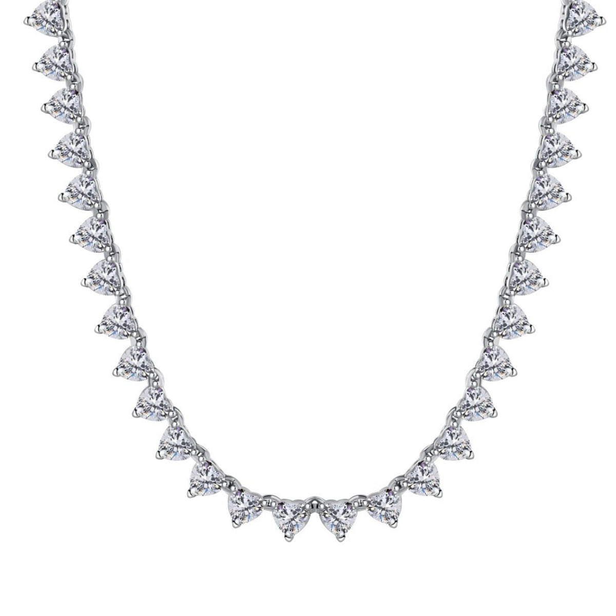 Diamond necklace with triangular cut stones on a white background