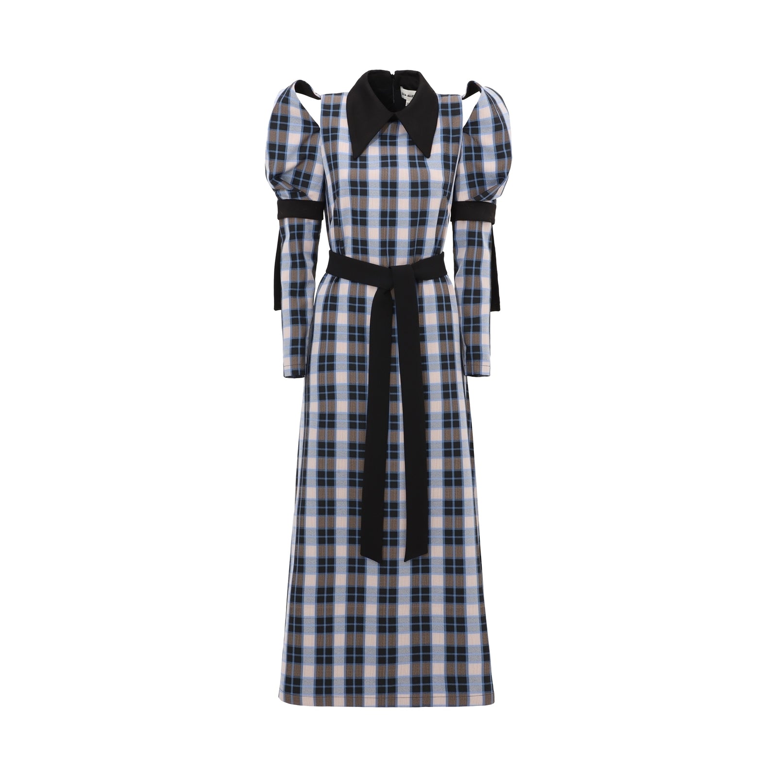 Stylish Cold Shoulder Long Sleeve Dress With Belt Blue Check