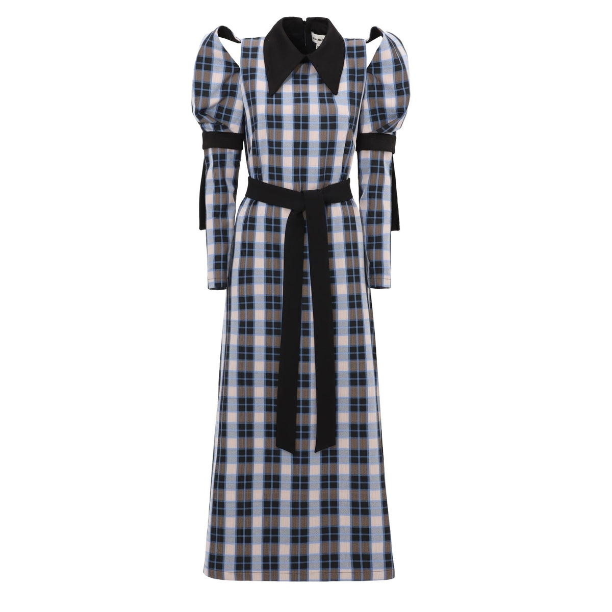 The JULIA ALLERT Stylish Cold Shoulder Long Sleeve Dress With Belt Blue Check features an ankle-length plaid pattern, puffed shoulders, black pointed collar, black belt, and black trimmed sleeves.