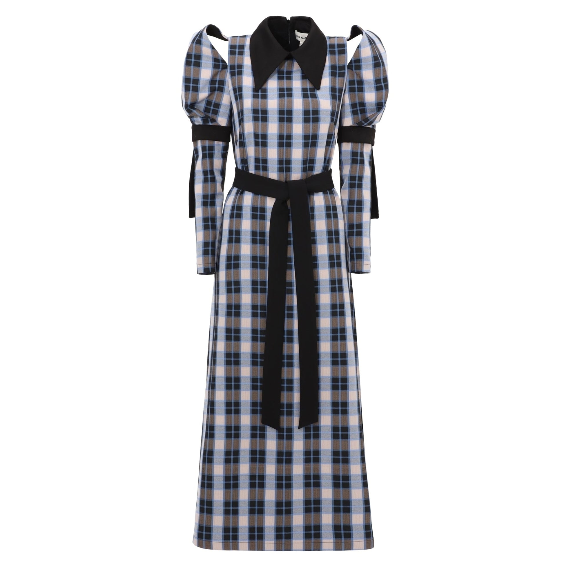 The JULIA ALLERT Stylish Cold Shoulder Long Sleeve Dress With Belt Blue Check features an ankle-length plaid pattern, puffed shoulders, black pointed collar, black belt, and black trimmed sleeves.