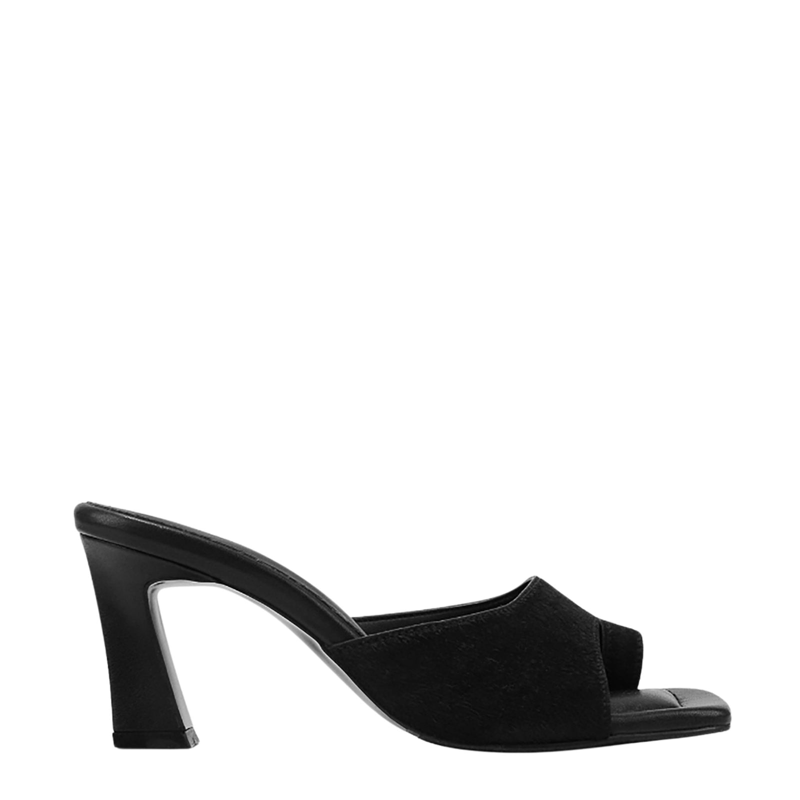 The THEN Black Suede Toe-Ring Heeled Mules feature a handcrafted Korean design with an open toe, slip-on style, and thick heel, shown on a white background.
