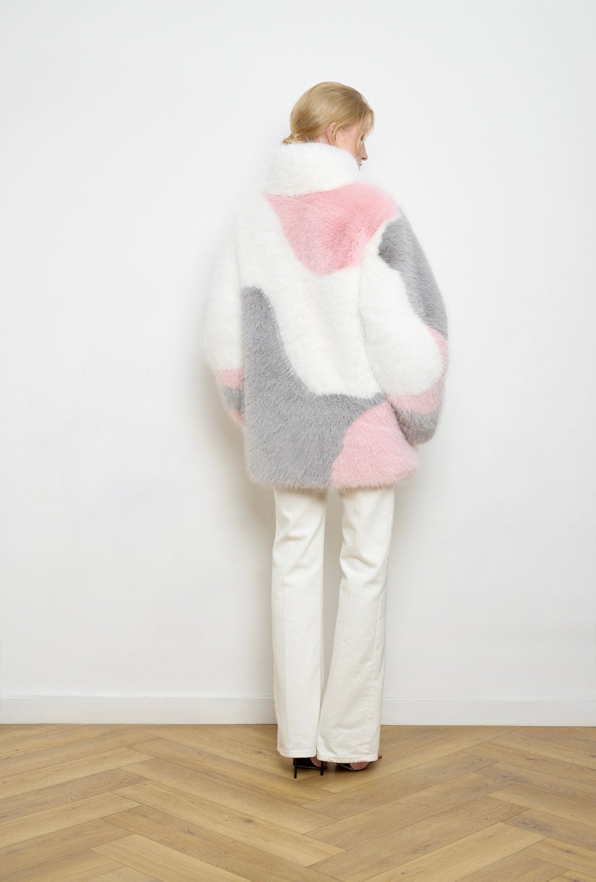 BASSIA multicolor faux fur coat front view, women's oversized coat, PR sample at DOORS NYC