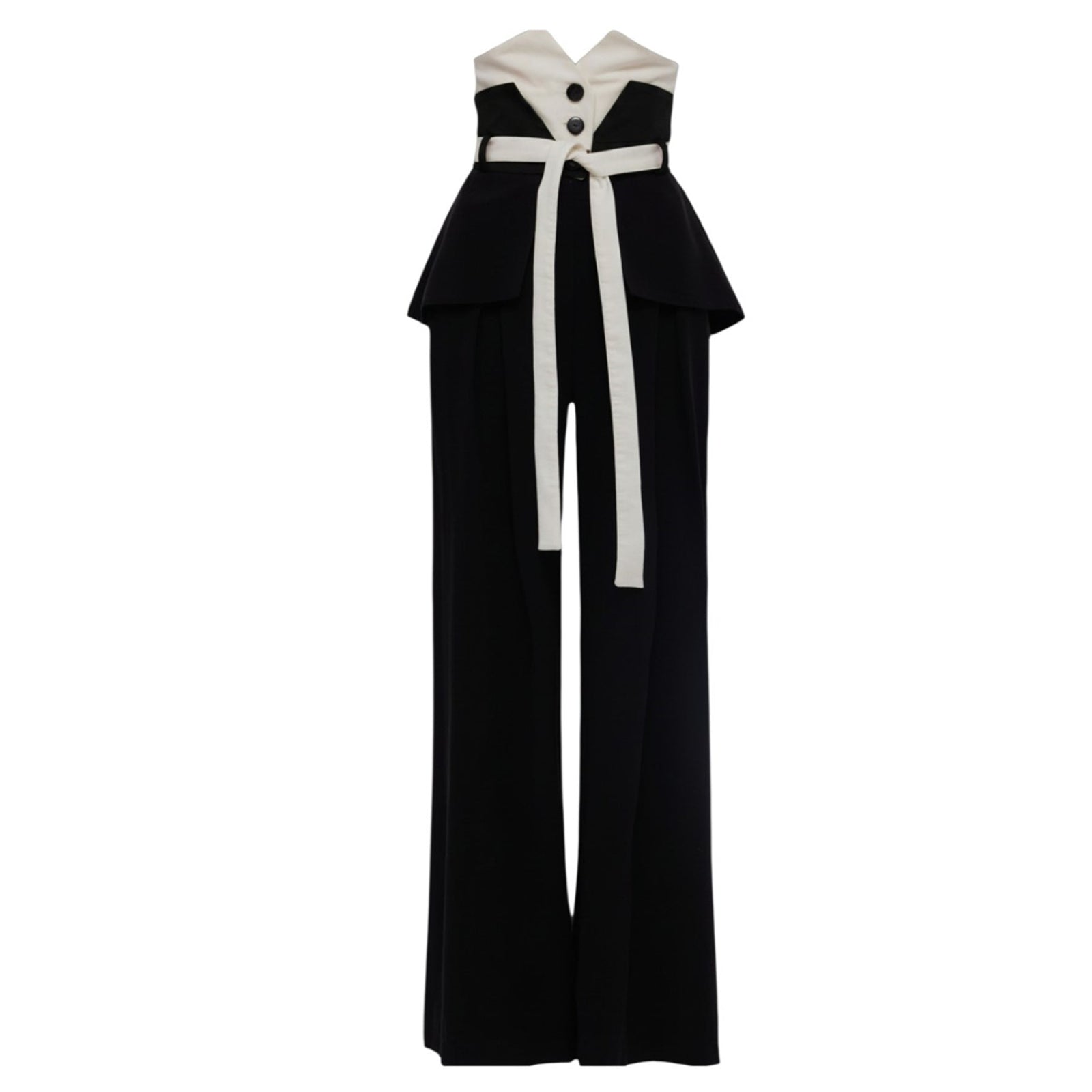 The JULIA ALLERT Flared Pants With Corset Waistband in black-white feature wide legs, a contrast corset waist, and button details for a chic, tailored look.