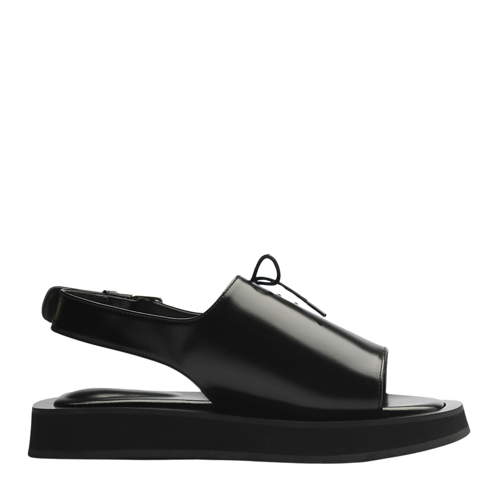 THEN Black Leather Lace-Front Slingback Sandals, handcrafted in Korea, feature a closed upper, square toe, slingback strap, and thick flat sole. Shown in a side view against a white background.