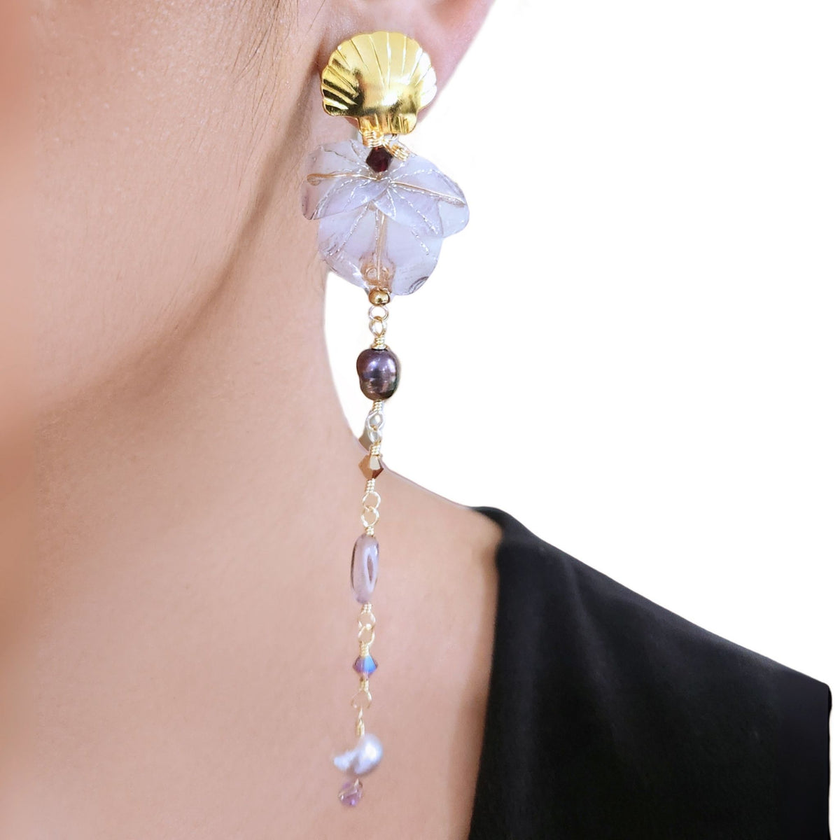 Model ear wearing earrings  in close up