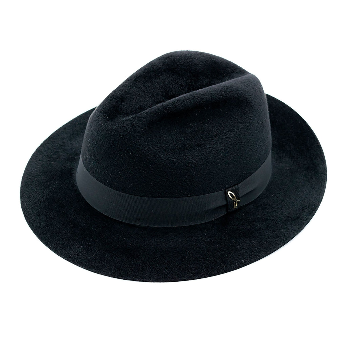 Black fedora hat with a wide brim and black band on a white background