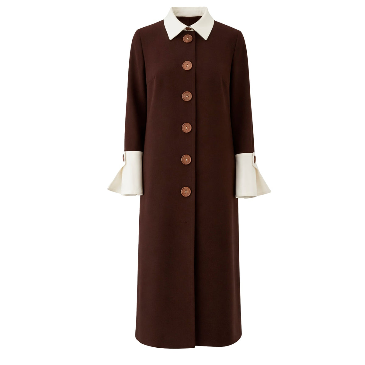 The JULIA ALLERT Monochrome Midi Shirt Dress - Brown &amp; White features a tailored fit, large brown buttons, a white collar and cuffs with button details, plus flared sleeve ends for an elegant look.
