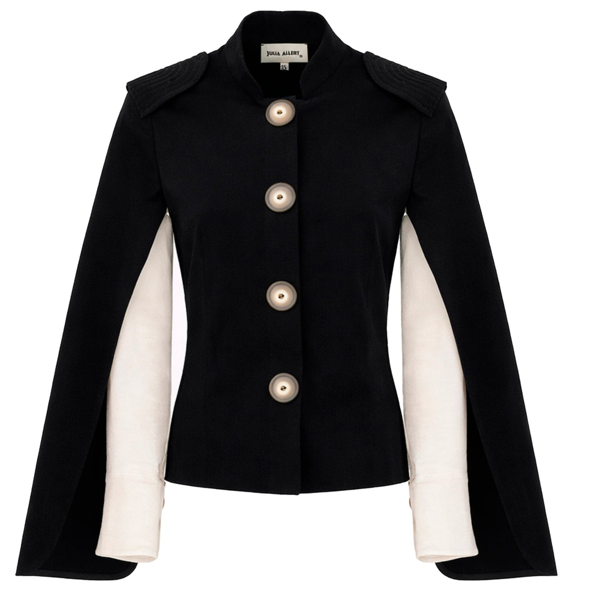 The JULIA ALLERT Tailored Structured Cape Blazer Black features large beige buttons, structured shoulders, and contrasting beige inner sleeves under its dramatic cape-style outer layer.