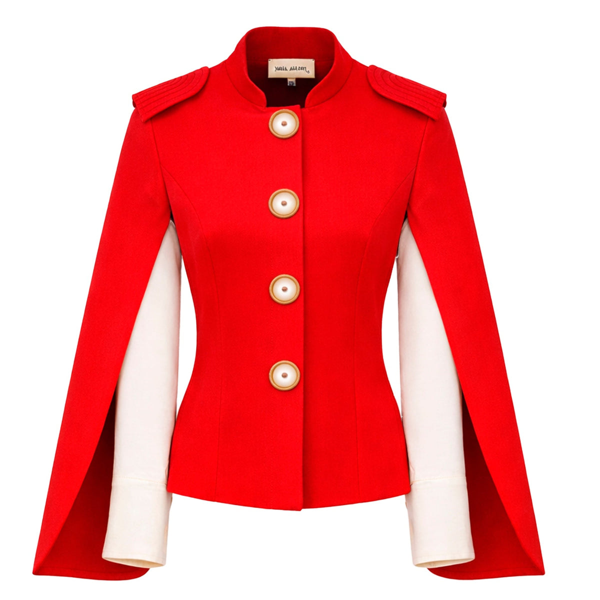 The JULIA ALLERT Tailored Structured Cape Blazer Red features gold buttons, white sleeve inserts, shoulder epaulets, and a fitted silhouette for a chic look.