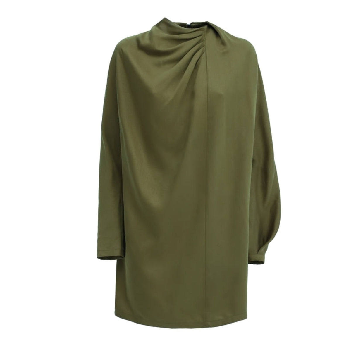 Green dress with a draped neckline on a white background