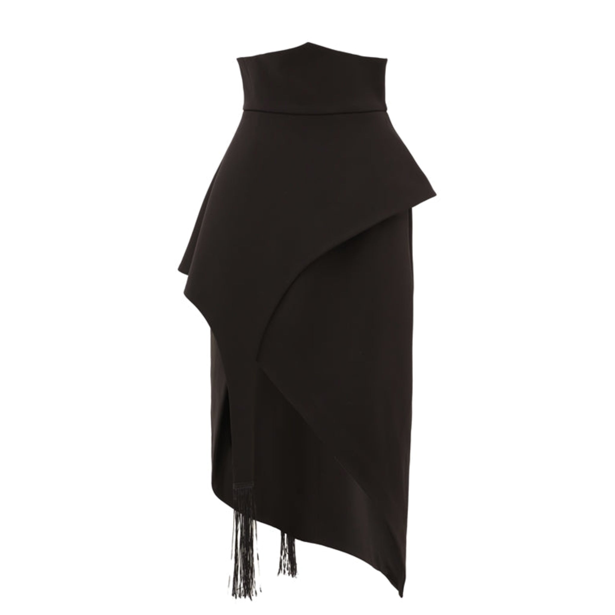 Black sleeveless dress with draped design on a white background