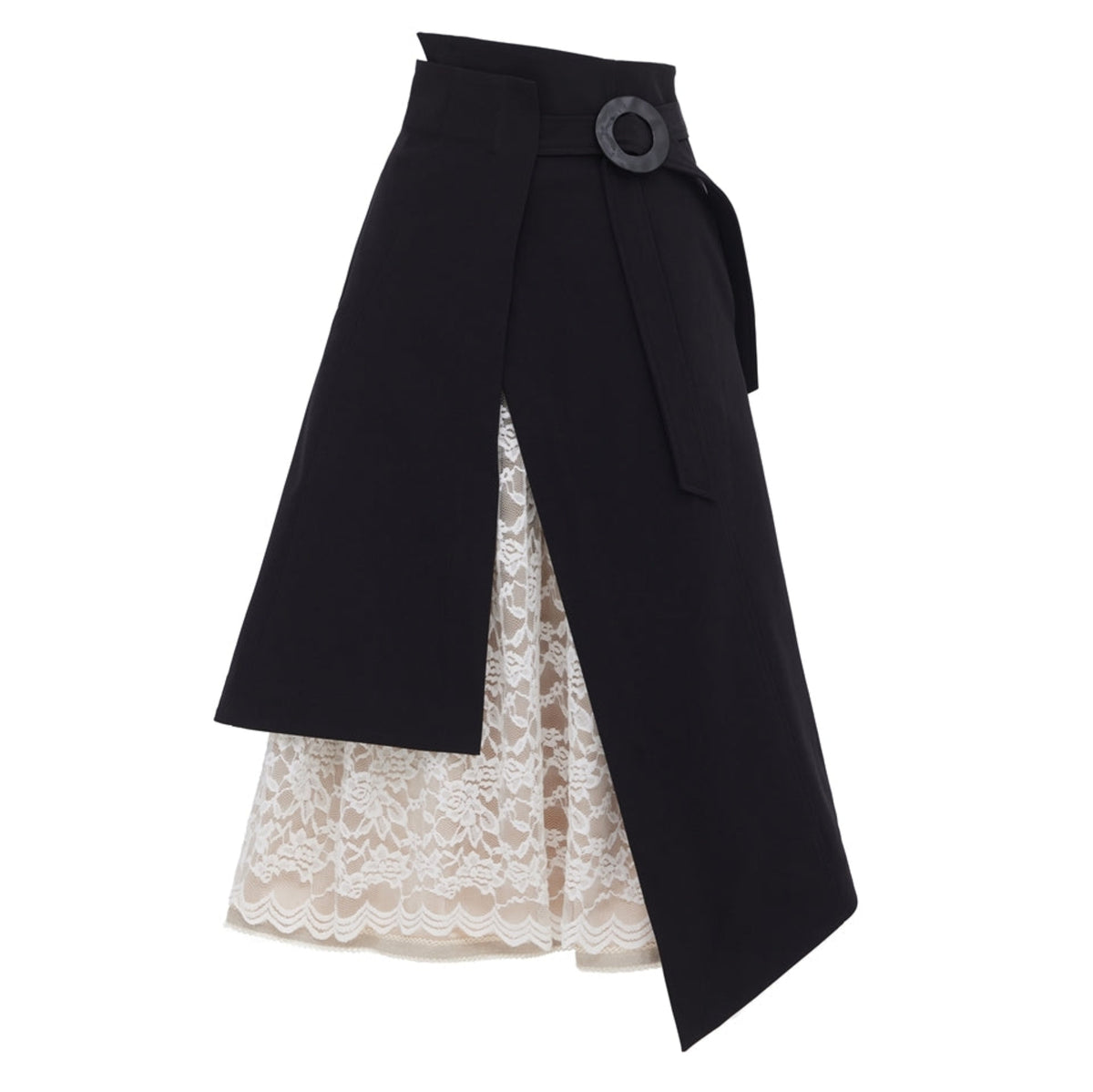 Black wrap skirt with lace detailing on a white background