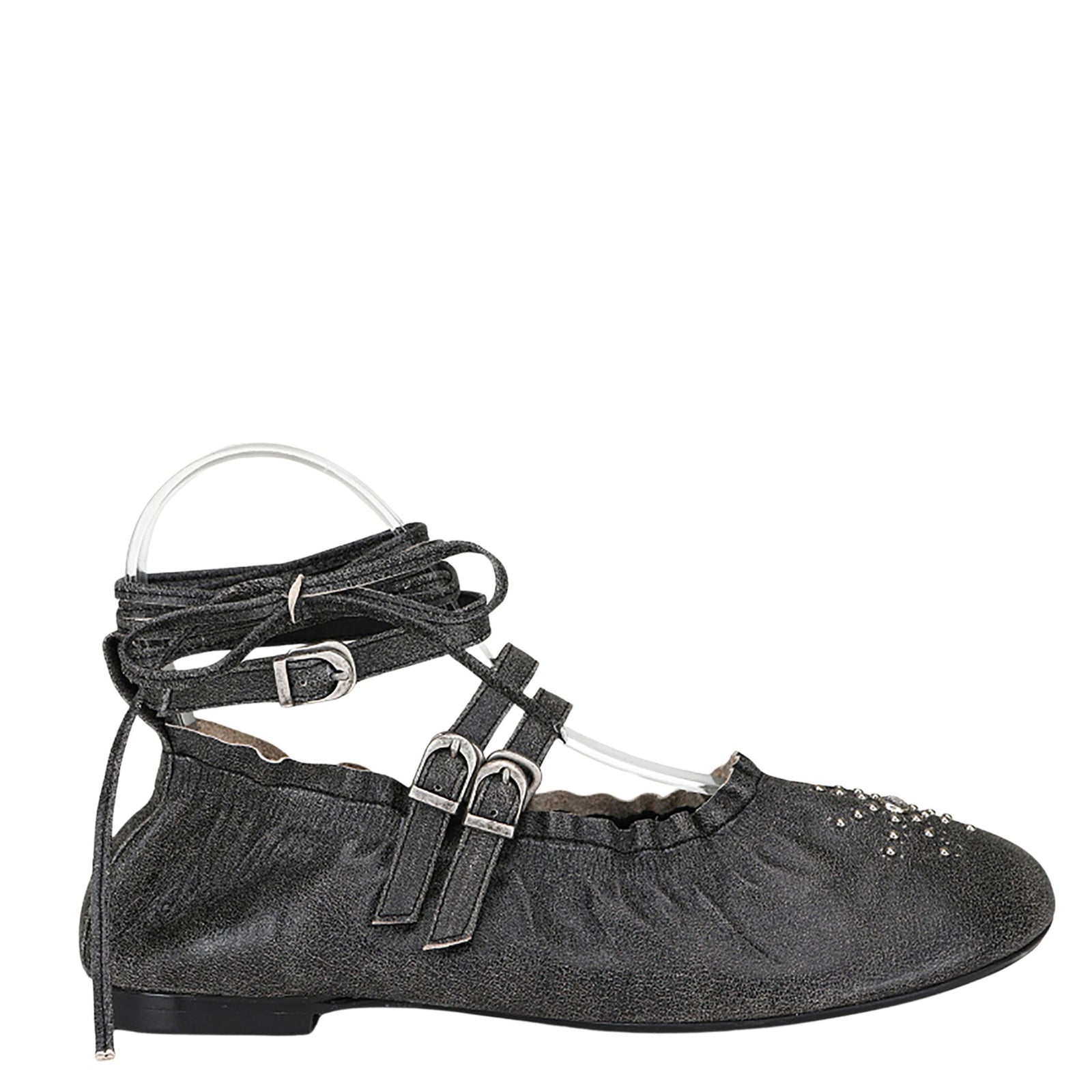 The THEN Black Distressed Lace-Up Ballerina Flats, handcrafted in Korea, feature three side buckles, wraparound ankle laces, a textured finish, and small toe studs. Shown in profile on a white background.