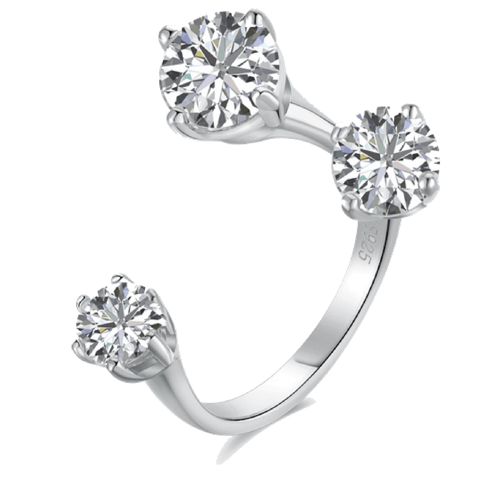 Silver ring with three clear gemstones on a white background